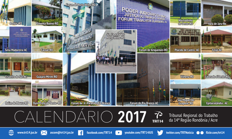 capa do calendário institucional 2017 com um mosaico de fotos apresentando a faxada de todas as varas do trabalho RO/AC