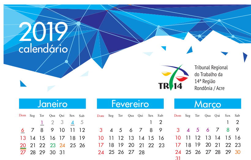 capa do calendário institucional 2019 sem tema e mostrando os três primeiros meses do ano