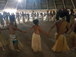 imagem mostra dança de roda entre indios em aldeia 