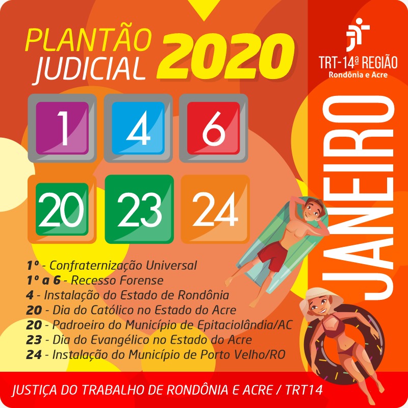 Arte predominante cor laranja com informações sobre os feriados relativos ao mês de janeiro de 2020