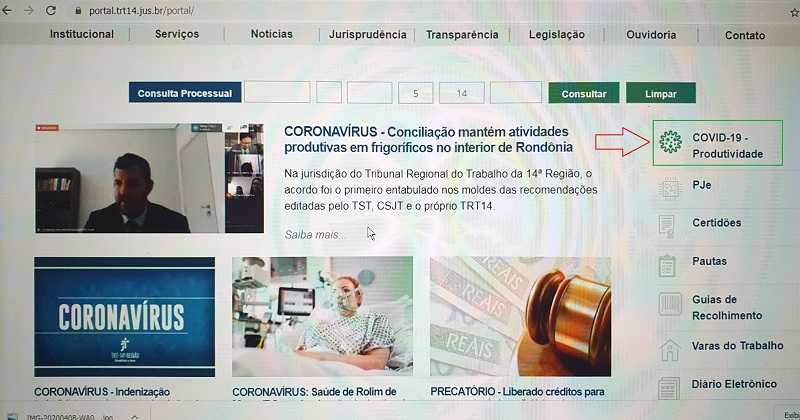 mostrando no portal o destaque que o TRT está dando para as decisões que envolvem COVID-19