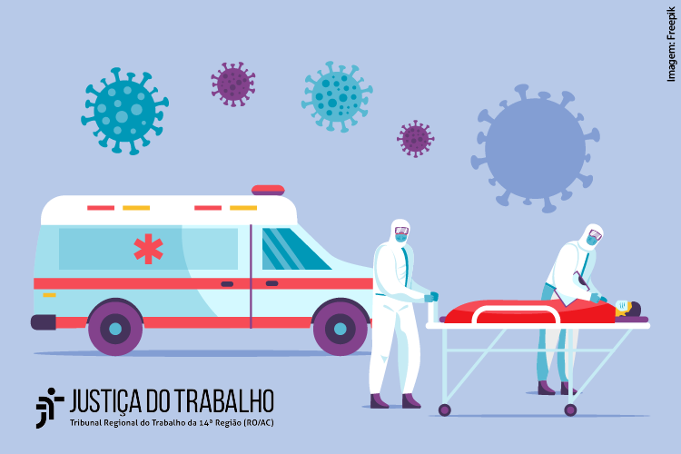 Desenho ilustrativo de ambulância com profissionais no combate à pandemia