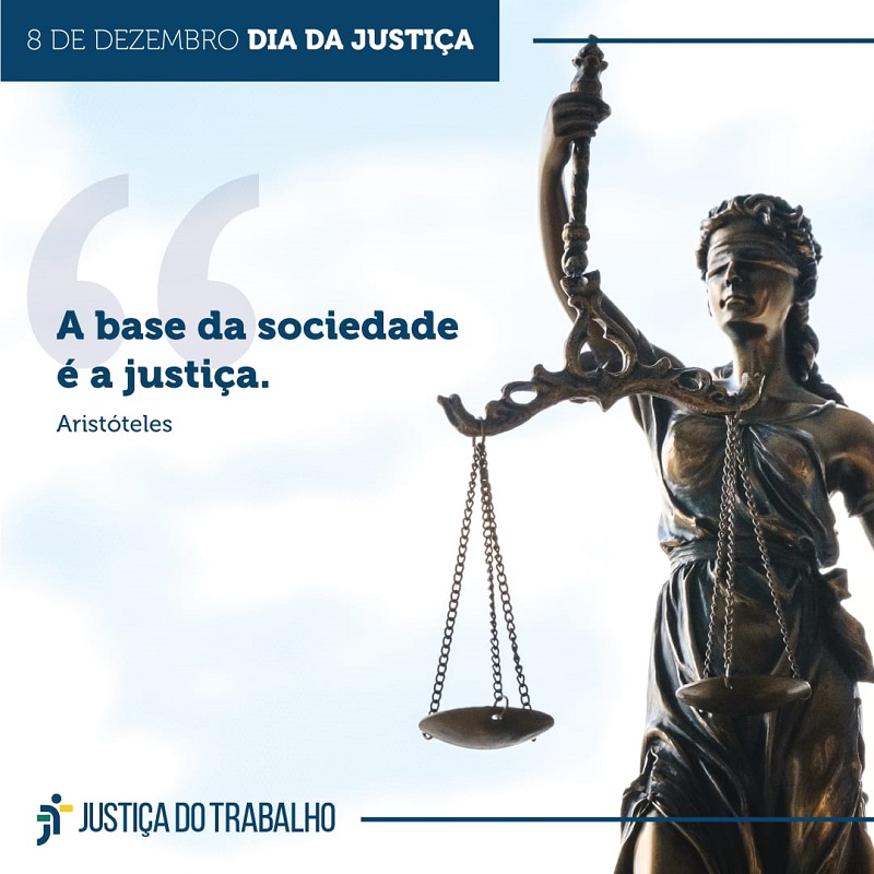 Imagem da Têmis segurança uma balança e um texto Dia da Justiça