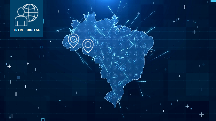 Mapa do Brasil com destaque os estados de Rondônia e Acre inscrito TRT14 DIGITAL