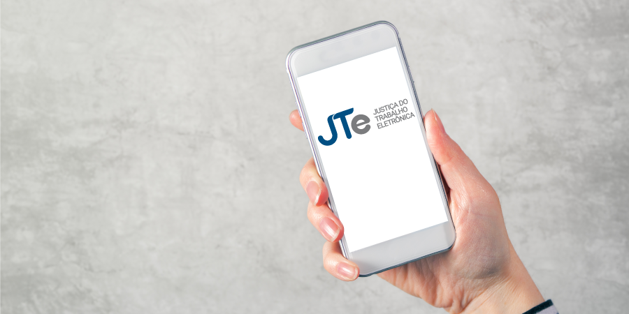 Celular com a logomarca da JTe - Justiça do Trabalho Eletrônica