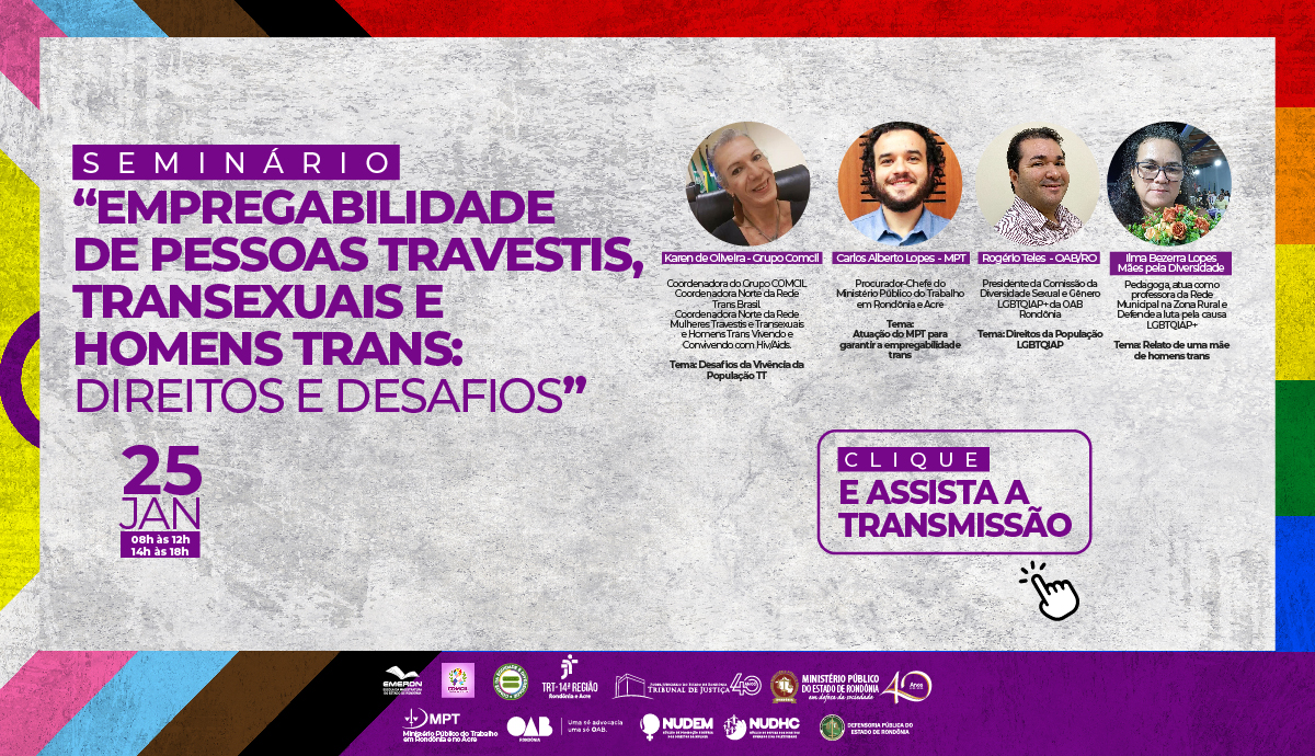 Banner de divulgação do seminário com quatro personagens informando sobre a transmissão.