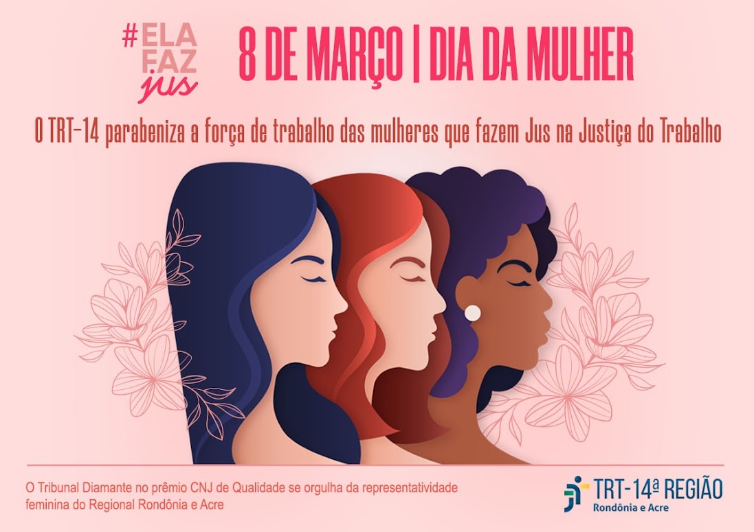 A imagem é uma arte gráfica que mostra três mulheres, em homenagem ao dia da mulher