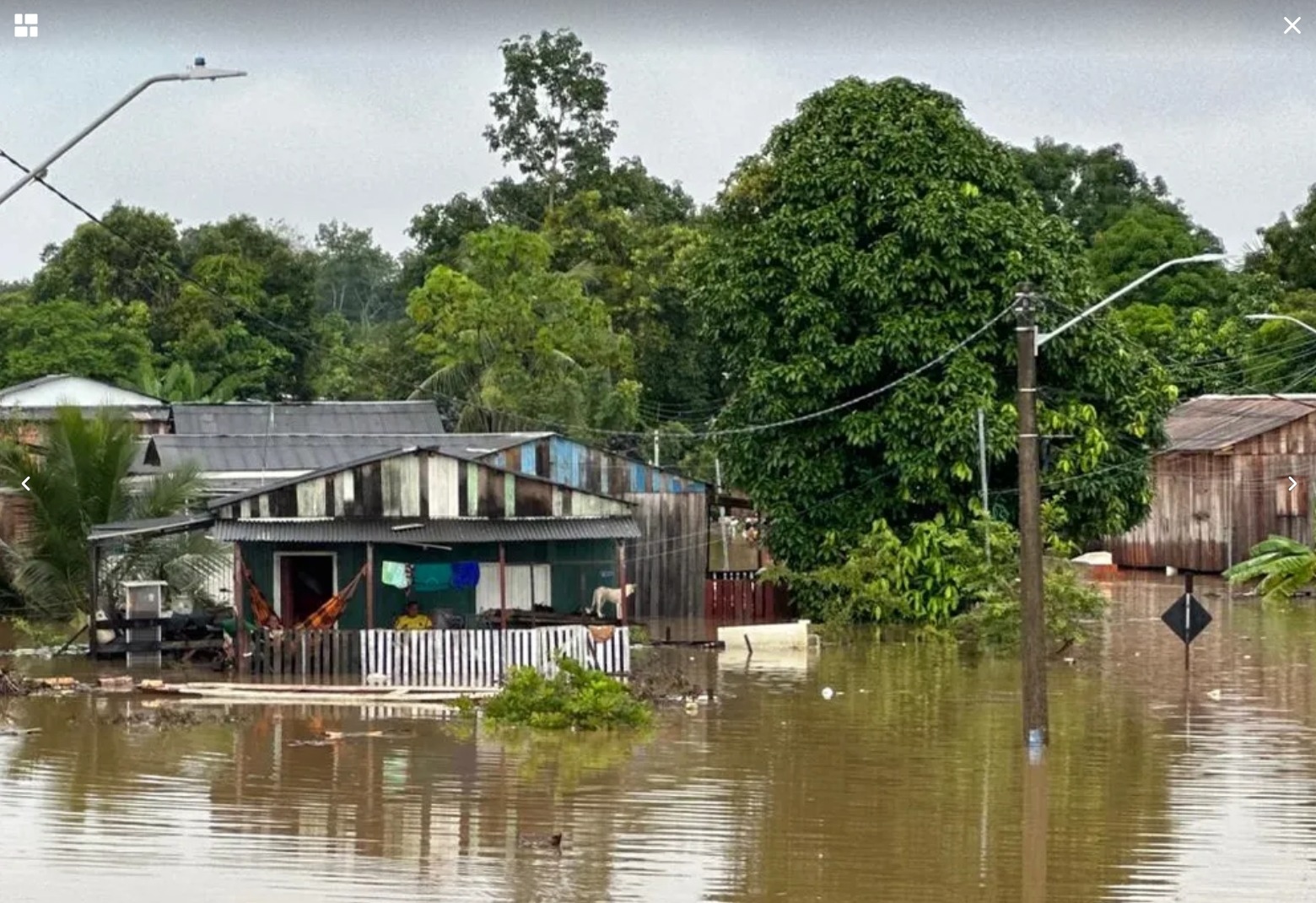 A imagem mostra casas inundadas por conta da cheia do Rio Acre.