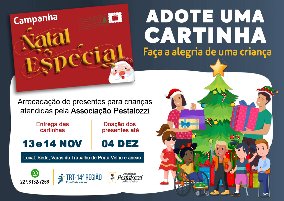 A arte mostra crianças ao redor de uma árvore de natal, e traz o tema e informações da campanha.