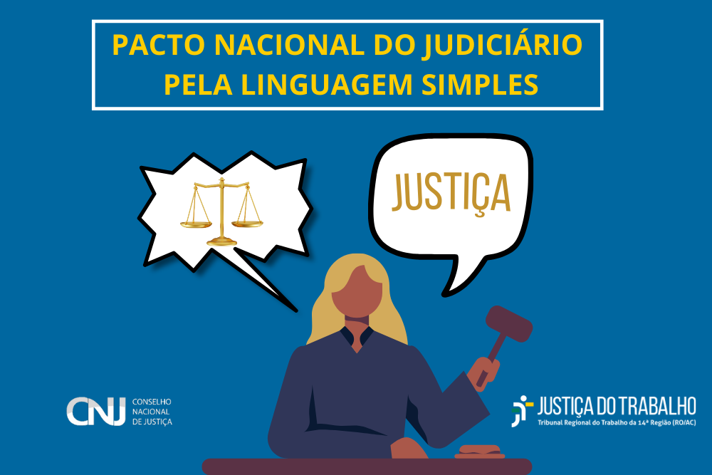 Banner do Pacto Nacional do Judiciário pela Linguagem Simples com uma juiza e dois balões