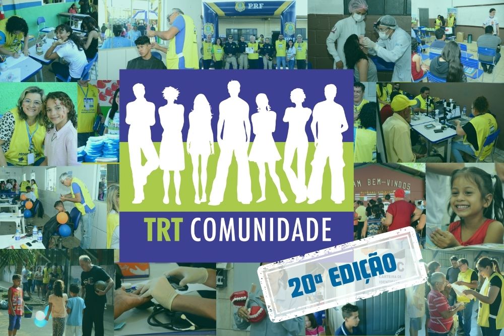 Identidade visual do TRT Comunidade ao centro, rodeada de fotos dos atendimentos durante a ação social.