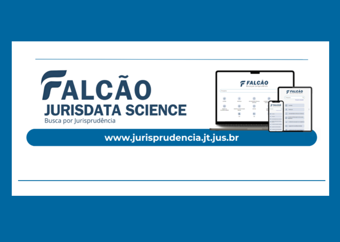 Arte em azul e branco traz o nome Falcão Jurisdata Science