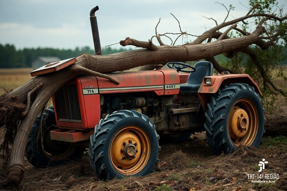 Imagem de um trator de baixo de uma árvore caída em uma fazenda.