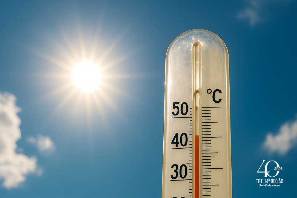 Imagem mostra o céu com um termômetro em primeiro plano marcando mais de 40º