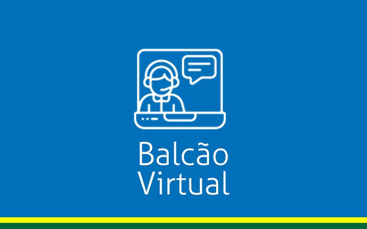 Fundo azul com um computador em linhas brancas com uma pessoa dentro da tela com a inscrição Balcão Virtual na cor branca e no rodapé uma linha amarela e abaixo outra linha verde