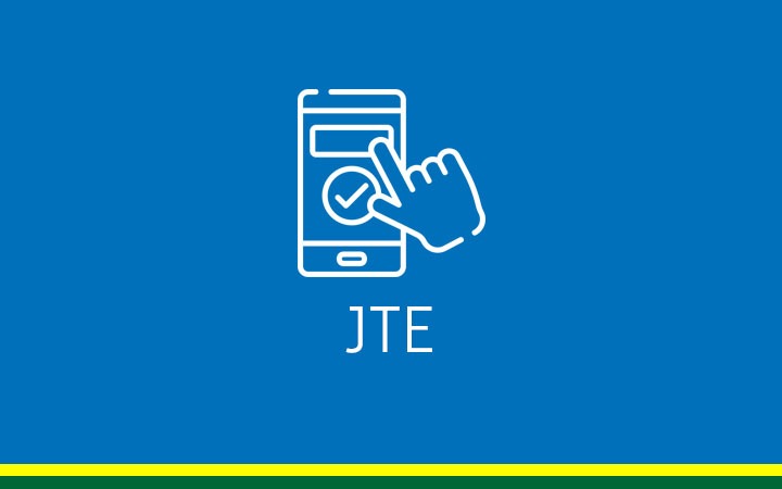 Fundo azul com um celular em linhas brancas sendo tocado por uma mão com a inscrição JTE na cor branca e no rodapé uma linha amarela e abaixo outra linha verde