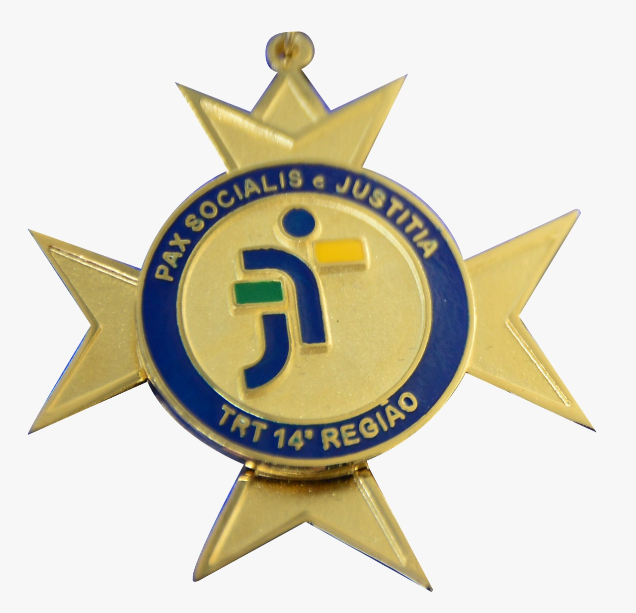 Medalha em formato estrela com um circulo em azul e a logomarca única da Justiça do Trabalho