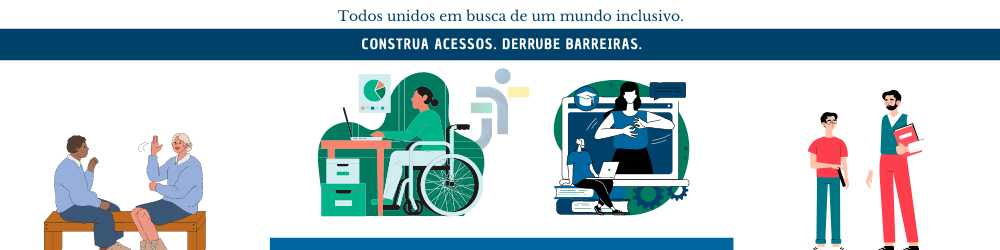 Quatro quadros que mostram pessoas com deficiência se comunicando por meio de libras e pessoa com cadeira de rodas usando o computador