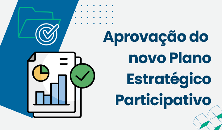 Etapa 5: Aprovação do novo Plano Estratégico Participativo. Apresenta ícones de pasta com check de aprovação e relatórios com gráficos.