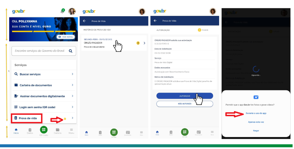 Imagens das capturas de tela demonstrando como realizar a prova de vida no aplicativo GOV.Br