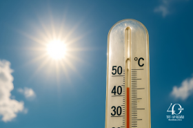 Imagem mostra o céu com um termômetro em primeiro plano marcando mais de 40º